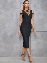 V Neck Short Sleeve Zipper Midi Bandage Dress